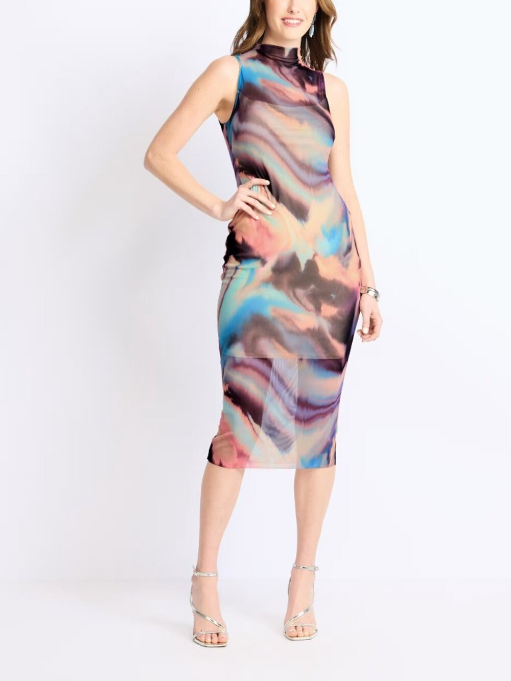 Steve Madden Sheer Mesh Abstract Marble Print Mockneck Midi Dress